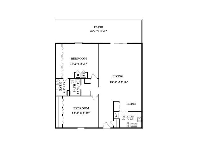 Two bedroom, two bathroom.  Not all have washer/dryer connections or patio/balcony.  Actual layout might be slightly different than floorplan shown.