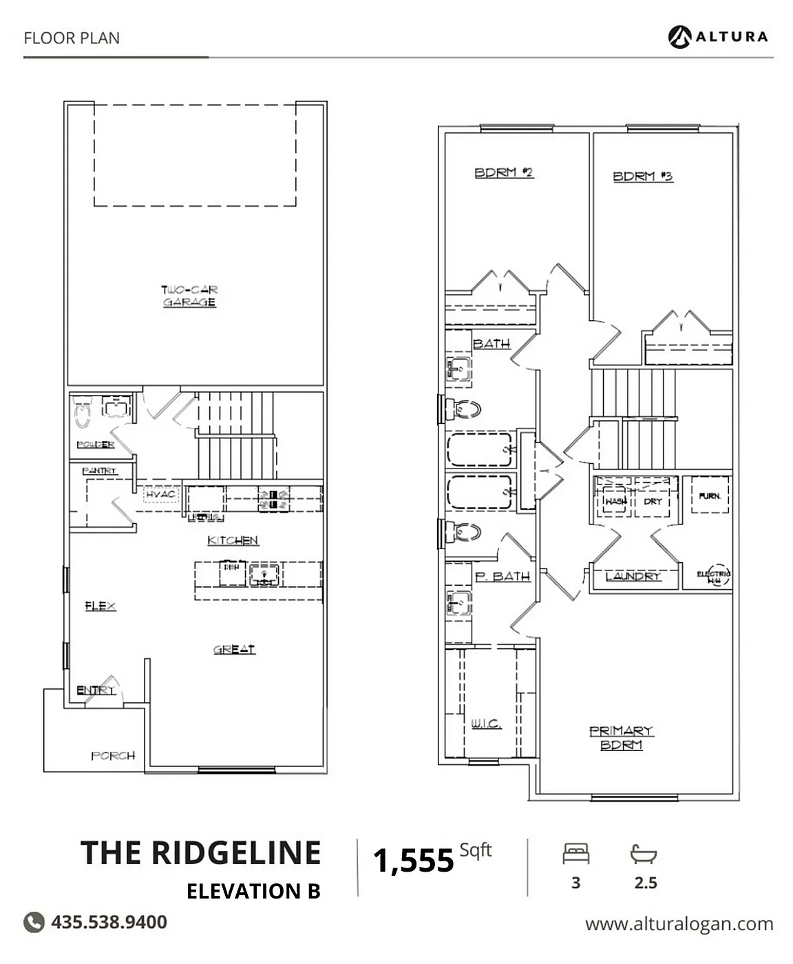 The Ridgeline floor plan, Elevation B, showcases a 1,555 sq ft layout with three bedrooms, 2.5 bathrooms, a two-car garage, and an open-concept living area.