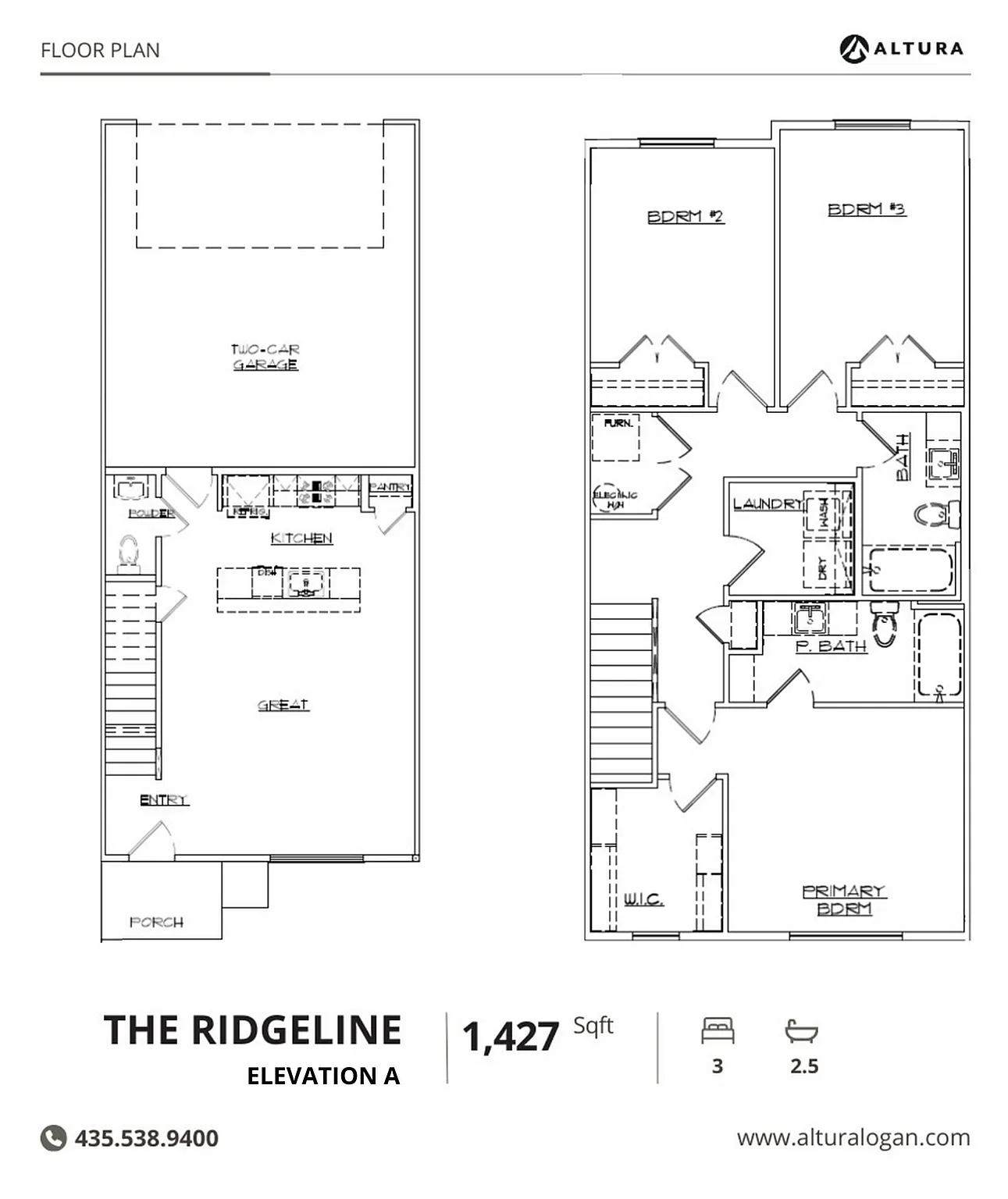 The Ridgeline floor plan, Elevation A, offers 1,427 sq ft with an elegant 3-bedroom layout, 2.5 baths, open-concept living area, and a spacious kitchen. Features include primary bedroom suite, laundry area, and a two-car garage.