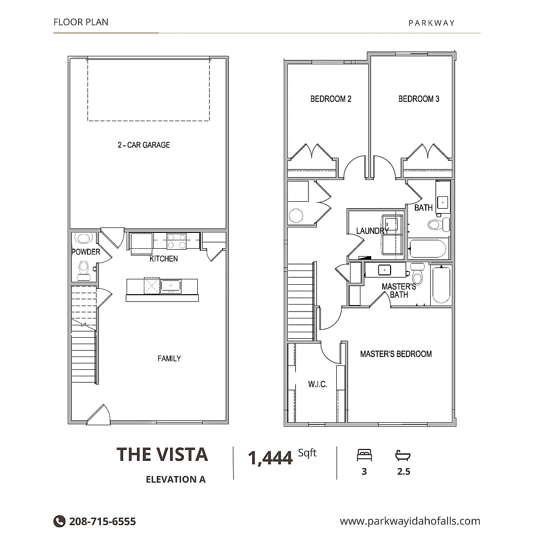 The Vista floor plan showcasing 1,444 sq ft with 3 bedrooms, 2.5 baths, spacious family area, modern kitchen, and 2-car garage.