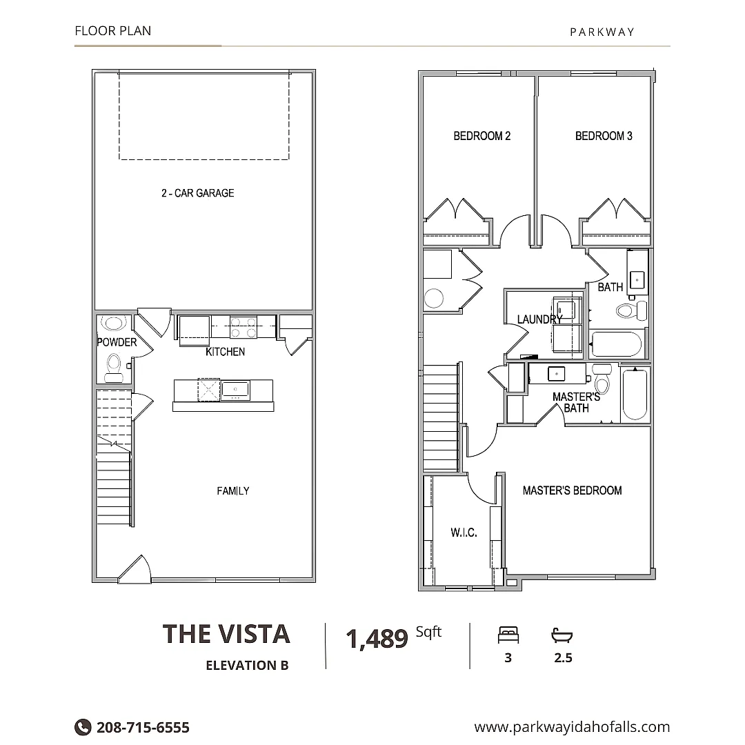 The Vista floor plan with 3 bedrooms, spacious family room, elegant kitchen, 2.5 baths, and a 2-car garage, totaling 1,489 sq ft.