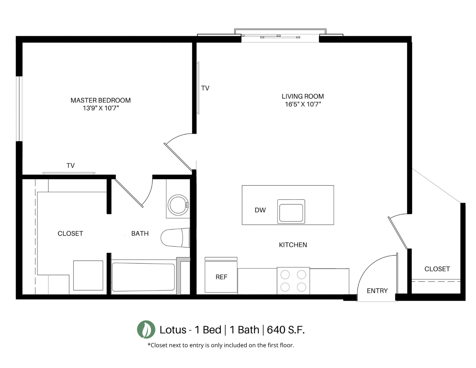 Lotus floor plan showcasing a spacious 1 bed, 1 bath apartment with a modern kitchen and inviting living room, 640 sq ft.