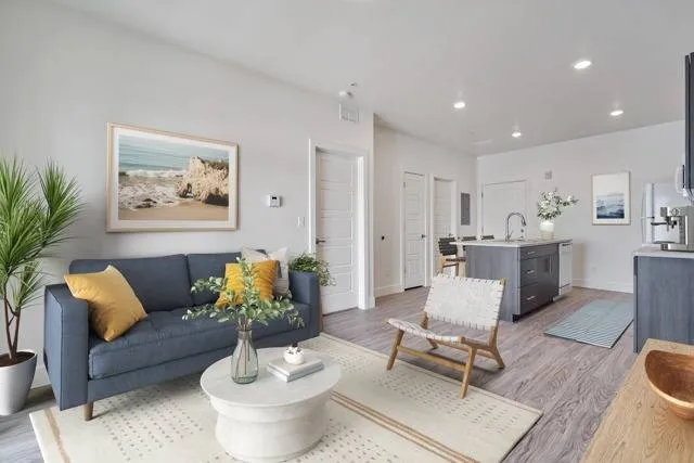 Charming open-concept living room and kitchen with modern decor, stylish furniture, and bright natural light.