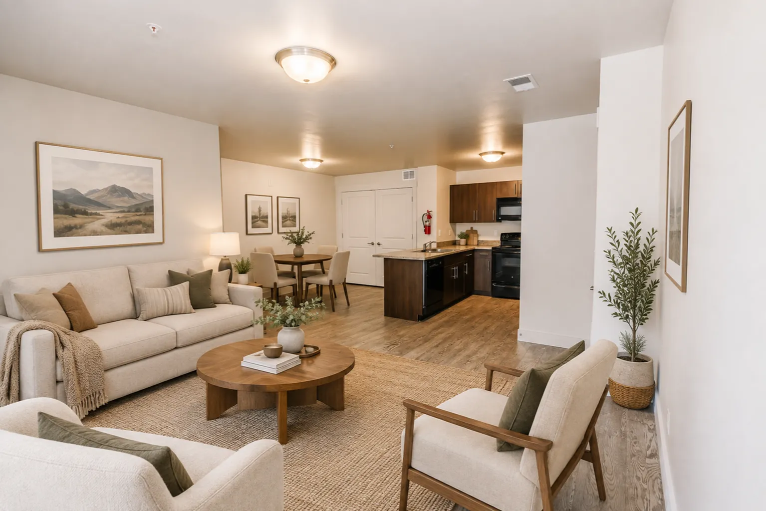 Bright and inviting open-concept living area featuring a cozy sofa, elegant dining set, and modern kitchen with wood flooring and stylish decor.