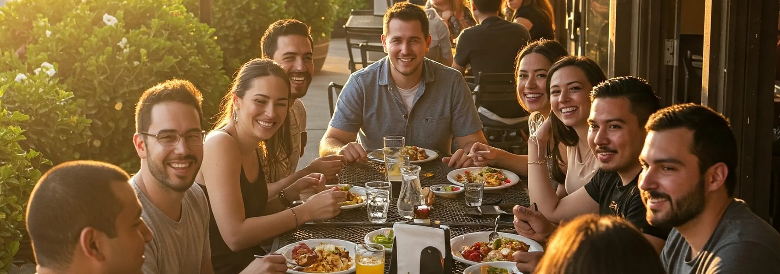 A lively group of friends enjoying a meal on a sunlit patio with greenery and a warm ambiance.