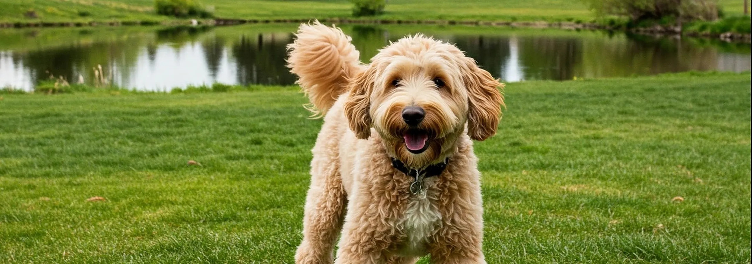 Cute dog joyfully playing on lush green grass with a scenic park and pond in the background.