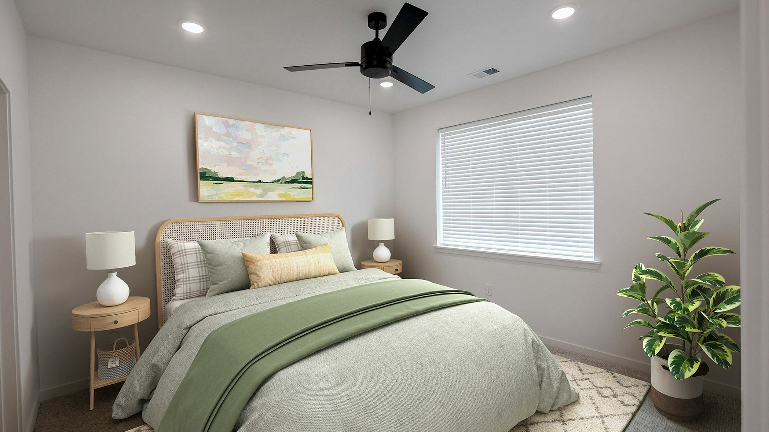 Inviting bedroom featuring a cozy bed with green accents, modern ceiling fan, soft lighting, and a vibrant indoor plant for a refreshing ambiance.
