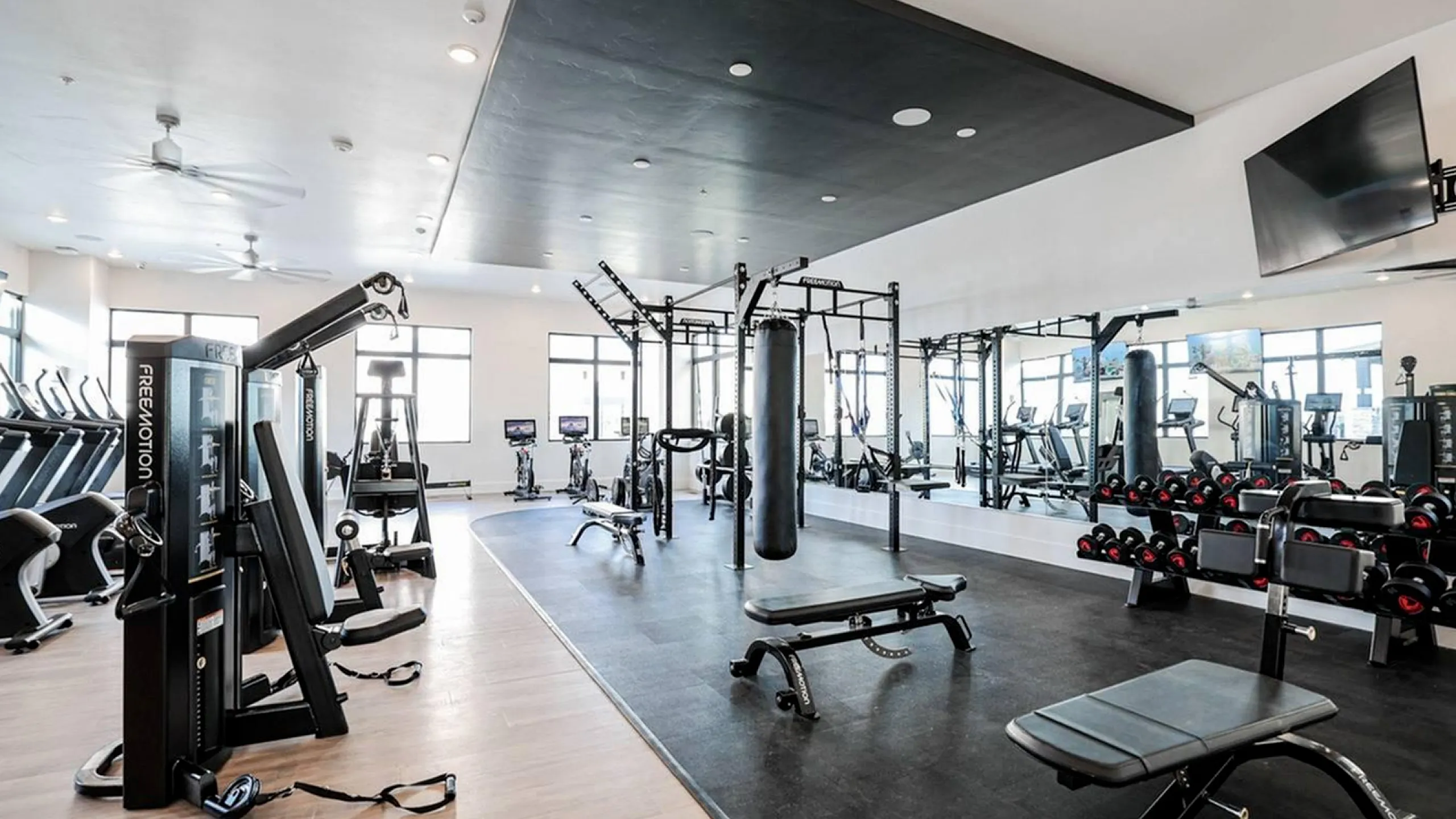 State-of-the-art gym with modern fitness equipment, free weights, and a sleek design.