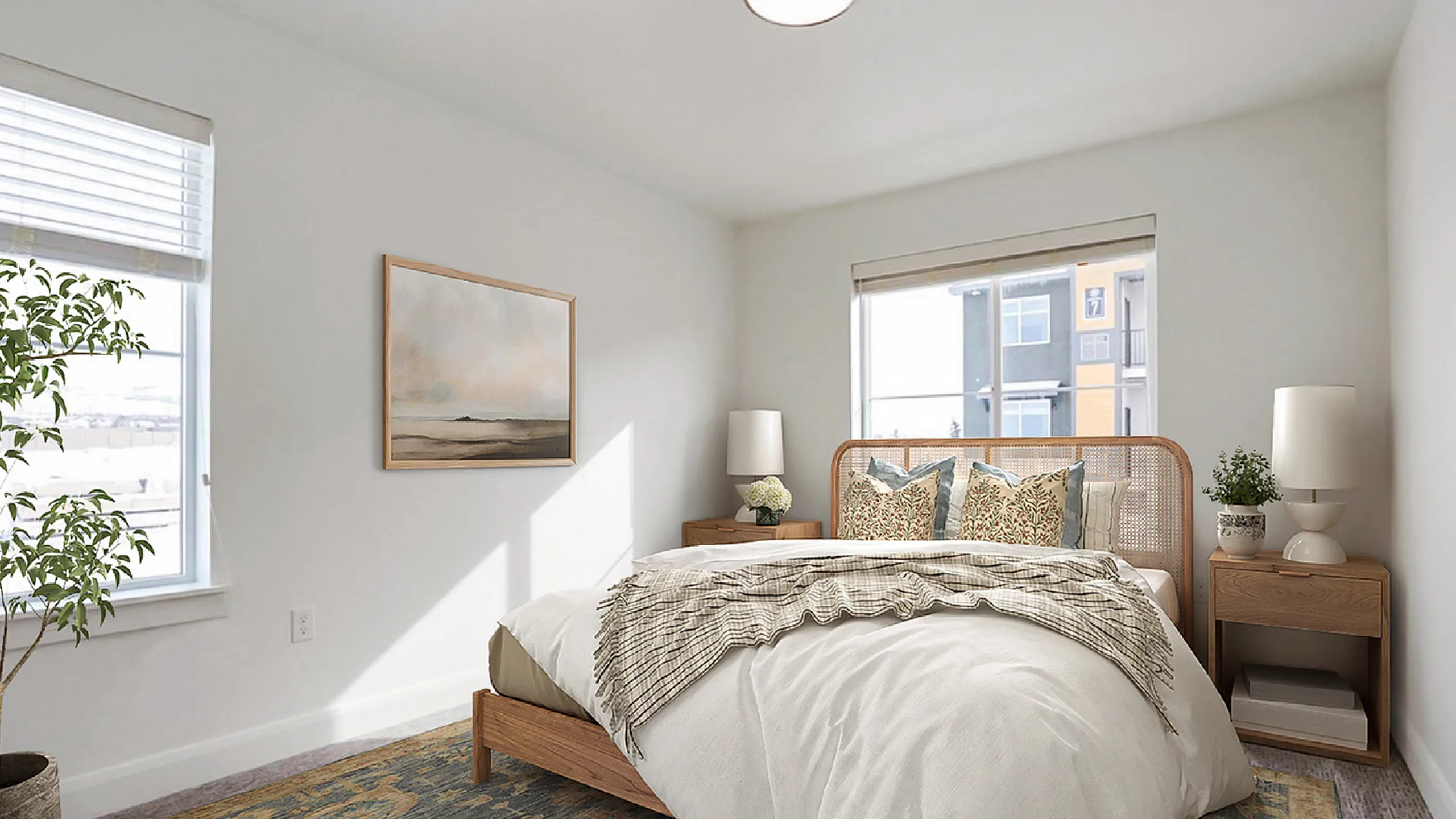Bright and inviting bedroom with elegant decor, featuring a cozy bed, charming bedside tables, and abundant natural light from large windows.