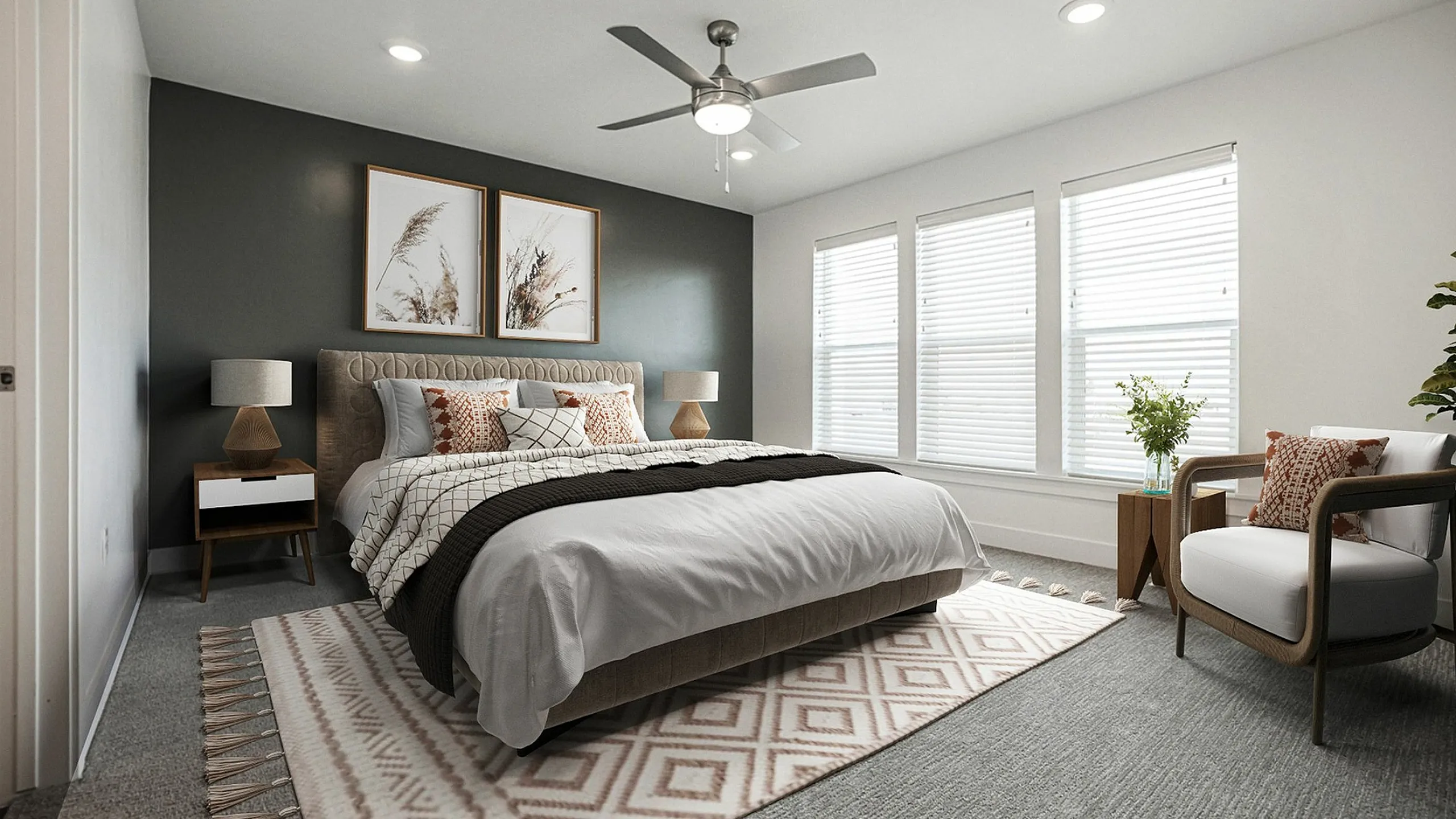 Modern bedroom with chic decor, featuring a cozy bed, stylish rug, and abundant natural light from large windows.