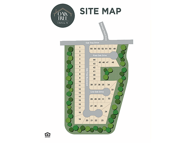 Detailed site map of Oak Tree housing community in Chelsea, AL, featuring well-organized drive layouts and green spaces.