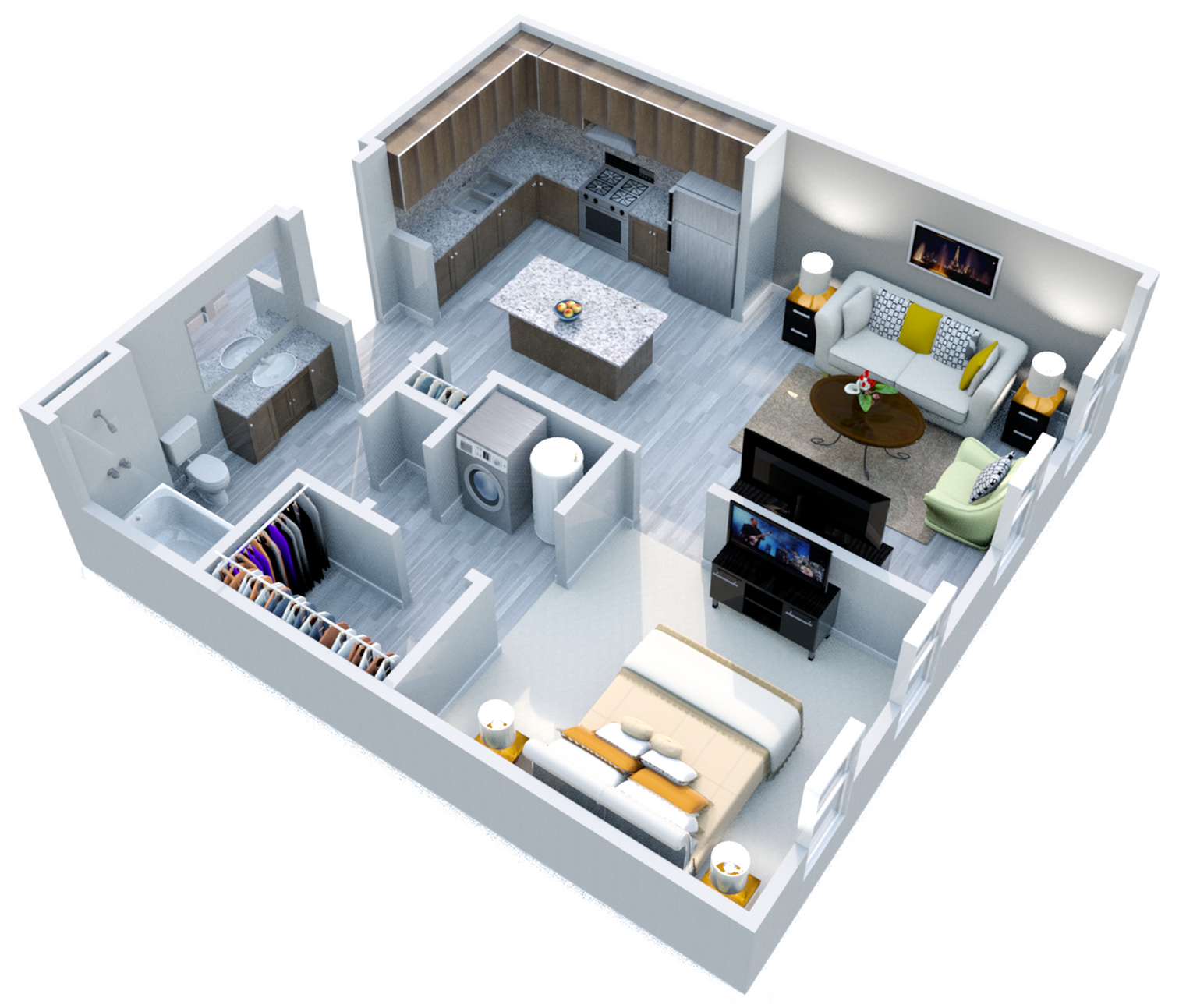 Modern 3D floor plan showcasing a cozy apartment with a stylish kitchen, living area, bedroom, spacious bathroom, and walk-in closet.