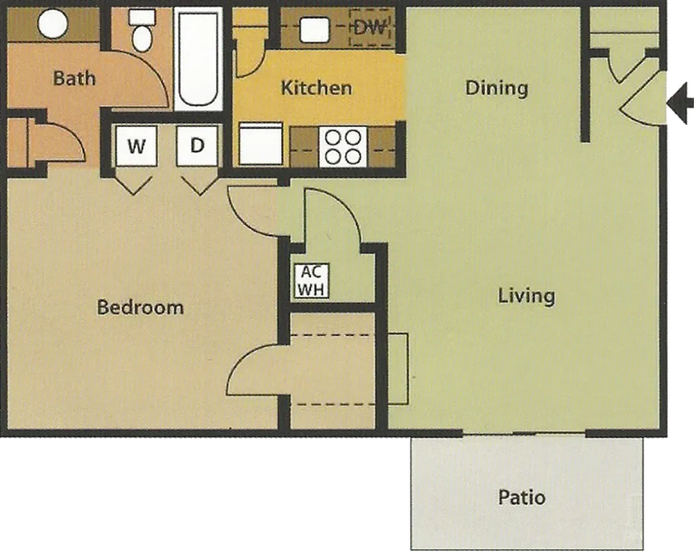 Inviting 1-bedroom apartment layout with a spacious living-dining area, modern kitchen, and a private patio.
