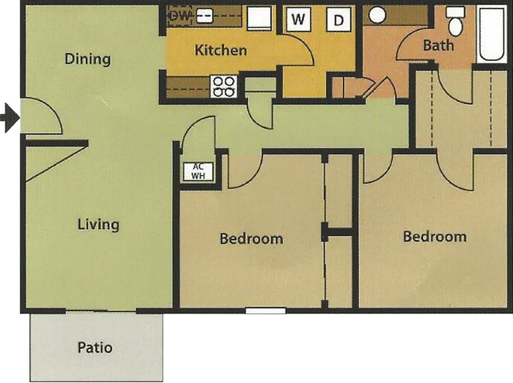 Modern 2D floor plan showcasing 2 bedrooms, an open dining and living area, a well-equipped kitchen, and a cozy patio.