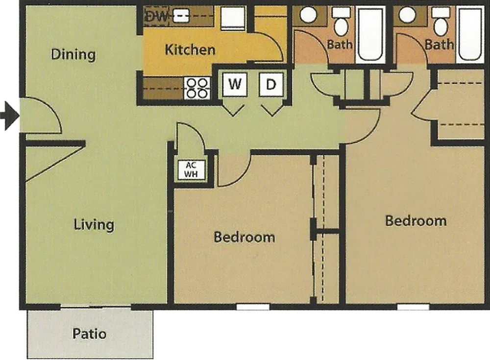 Inviting floor plan featuring two bedrooms, two baths, open dining and living areas, and a cozy kitchen with patio access.
