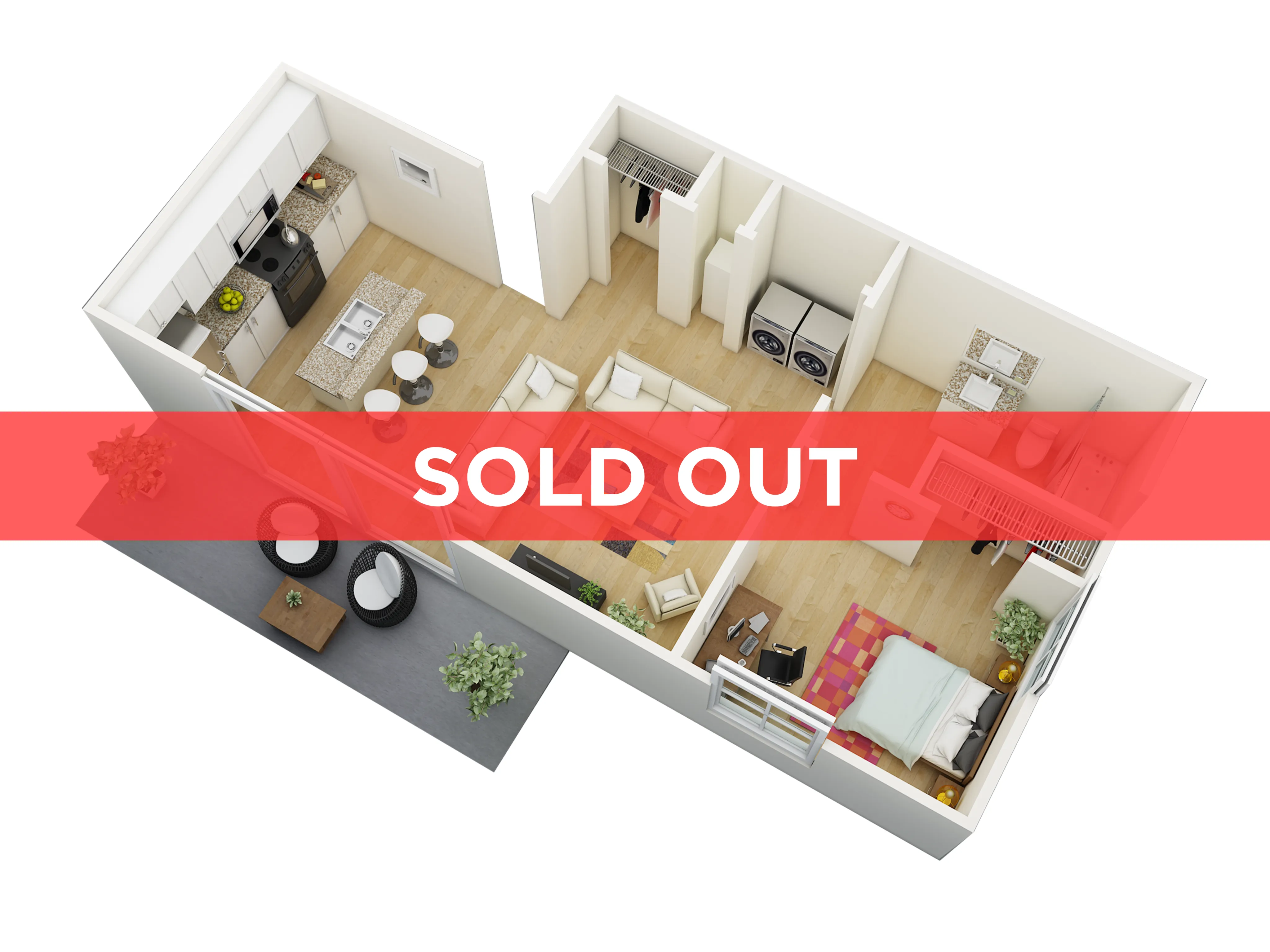 Modern 3D floor plan showcasing a chic two-bedroom apartment with open-concept kitchen and living area, stylishly sold out.