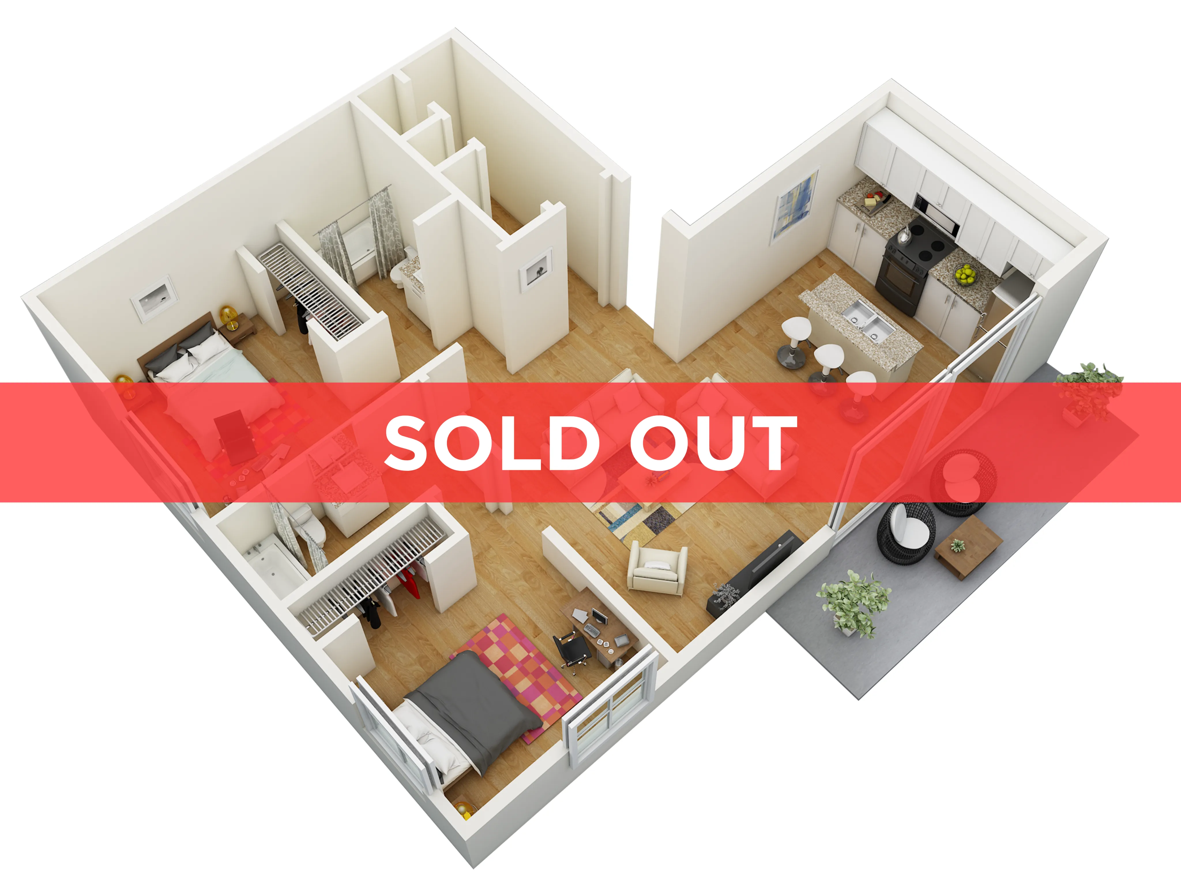 Modern 3D floor plan featuring 2 bedrooms, cozy living area, stylish kitchen, and inviting balcony. Sold Out.