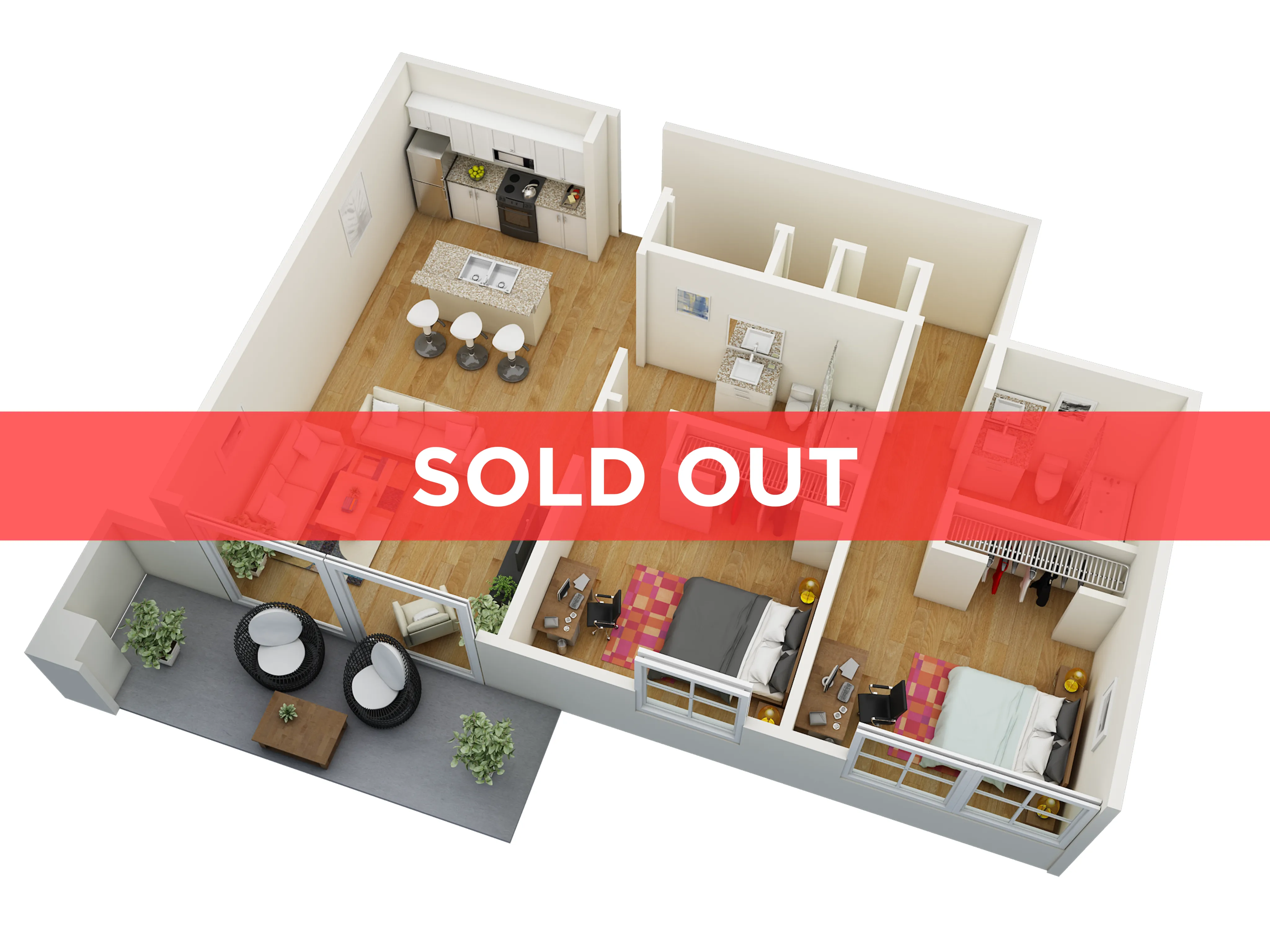 Modern 3D floor plan showcasing 2 bedrooms, an open kitchen with island seating, and a cozy living area leading to a stylish balcony, marked as sold out.