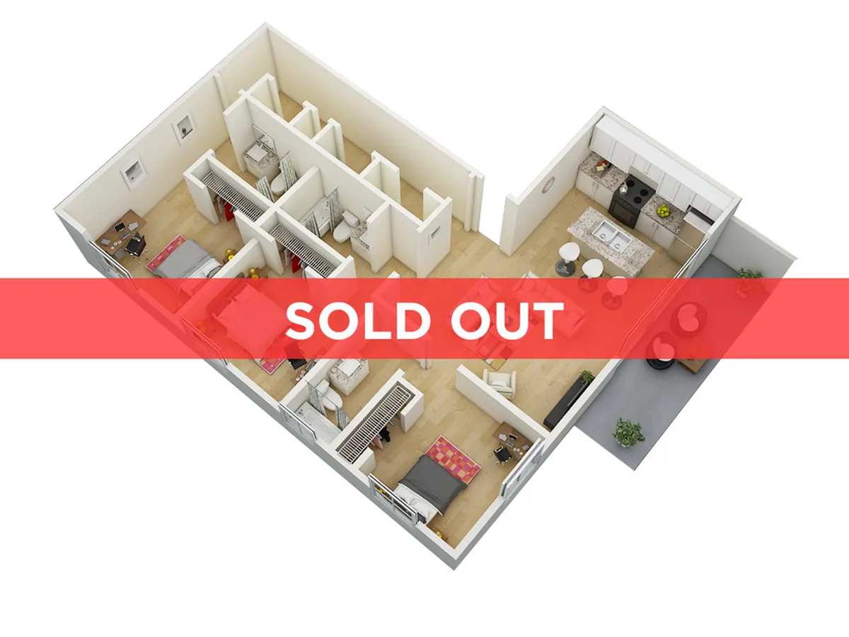 Modern 3D floor plan showcasing 2 bedrooms, contemporary kitchen, and cozy living space, marked \'Sold Out\'.