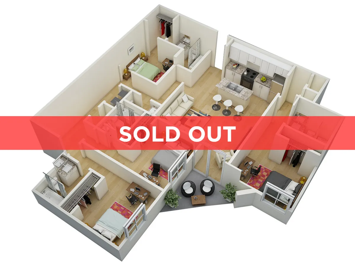 Modern 3D floor plan of a sold-out apartment featuring a spacious kitchen, inviting living area, and three cozy bedrooms with elegant decor.