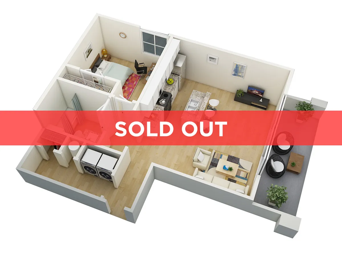 Modern 3D floor plan featuring a cozy bedroom, stylish open-concept living area, and contemporary kitchen with island seating. Includes a laundry space and elegant outdoor patio. Sold out unit.