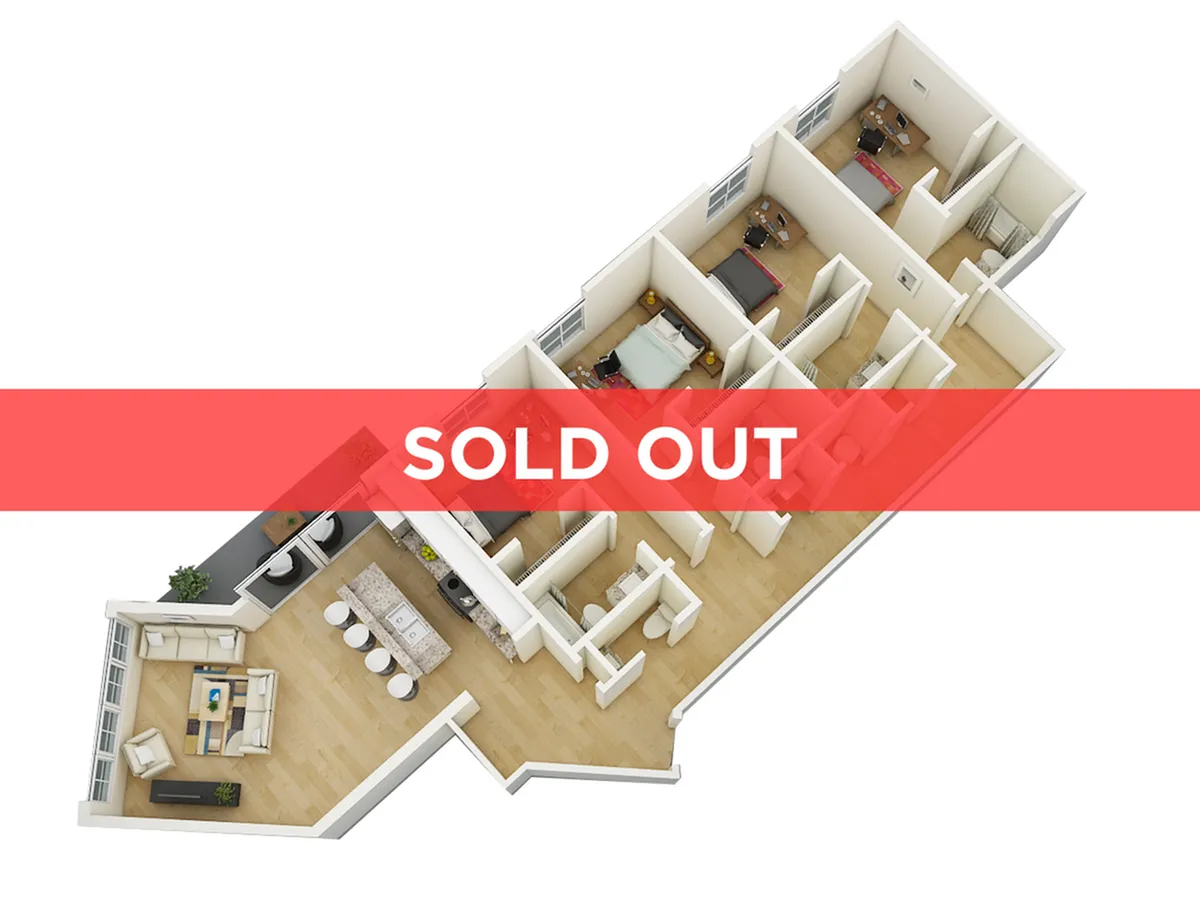 Modern 3D floor plan showcasing a 3-bedroom apartment with spacious open-plan living area and gourmet kitchen, marked as sold out.