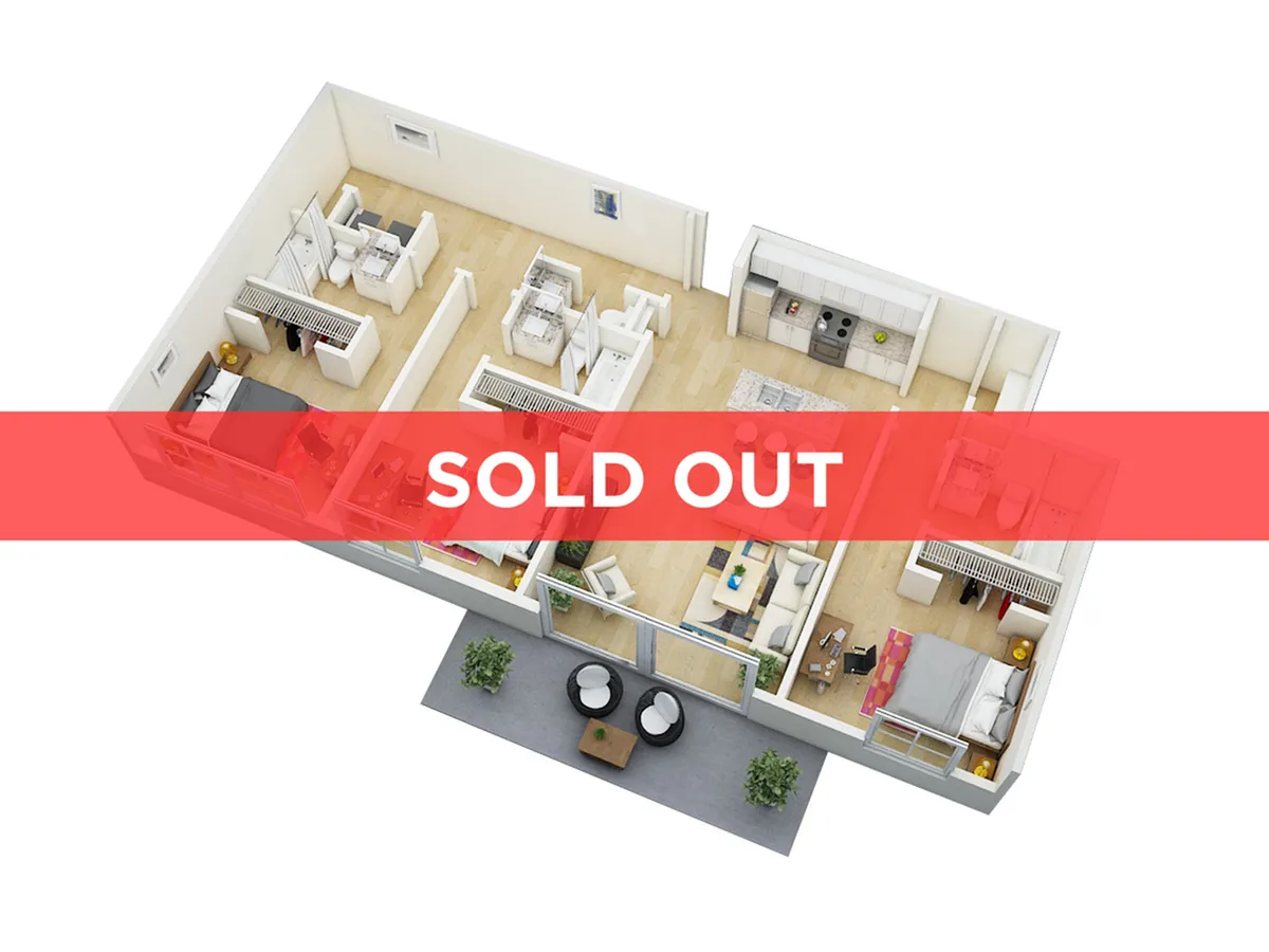 Stylish and spacious 3D floor plan featuring a modern open-concept layout with two bedrooms, a cozy living area, and a sleek kitchen, highlighted by a bright outdoor terrace. Currently marked as sold out.