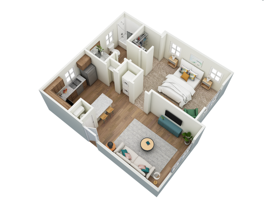 Modern 3D floor plan showcasing a cozy one-bedroom apartment with an open-concept kitchen and living area, stylish furnishings, and ample natural light.