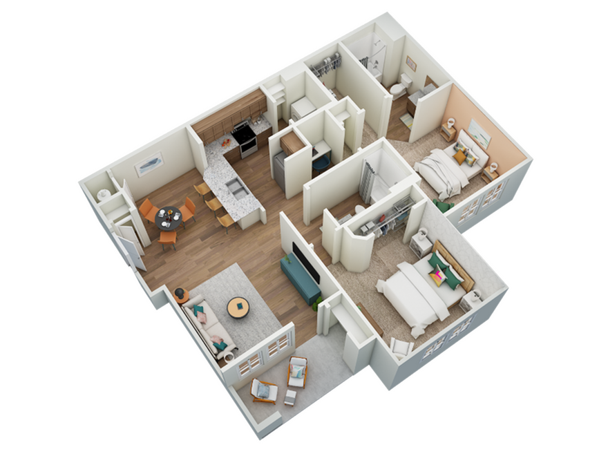 Elegant 3D floor plan showcasing 2 cozy bedrooms, a modern kitchen with island seating, inviting living area, and dining space.