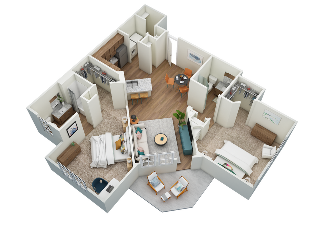 Modern 3D floor plan showcasing 2 bedrooms, cozy living area, chic kitchen with island, and stylish dining space.