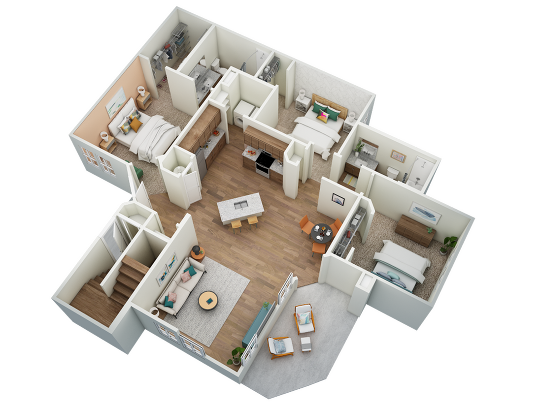 Chic 3D floor plan showcasing 3 bedrooms, modern kitchen, and inviting living area with stylish furniture.