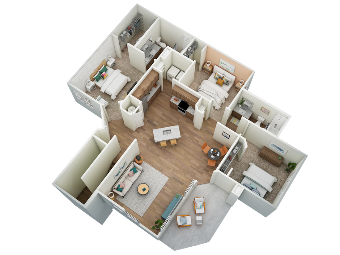 Elegant 3D floor plan showcasing a modern apartment with three bedrooms, inviting open-concept living and dining area, and a sleek kitchen.