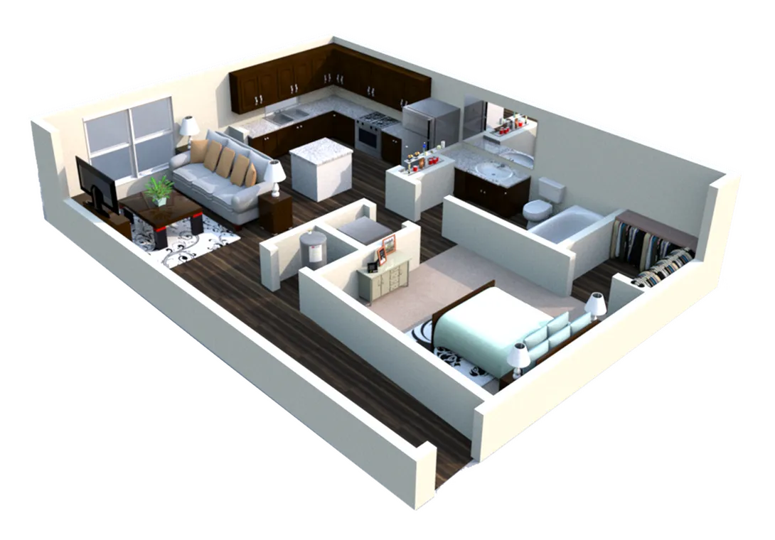 Modern 3D apartment floor plan showcasing an open-concept living space with a cozy bedroom, sleek kitchen, elegant bathroom, and stylish lounge area.