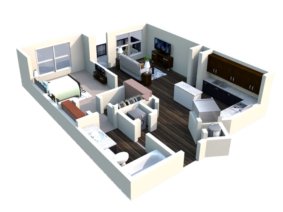 Modern 3D apartment layout featuring a spacious living area, cozy bedroom, sleek kitchen, and elegant bathroom with stylish finishes.