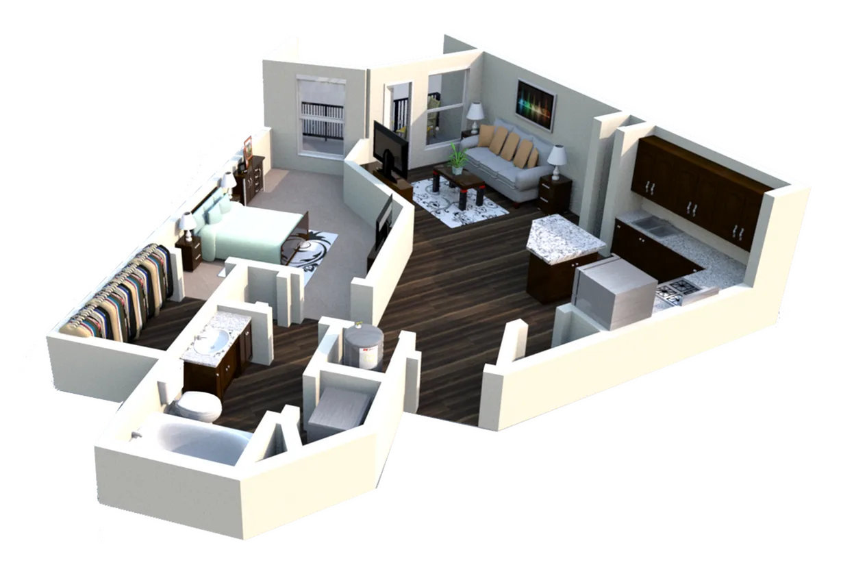 Chic 3D floor plan showcasing a stylish one-bedroom apartment with a cozy living room, modern kitchen, and elegant bathroom.