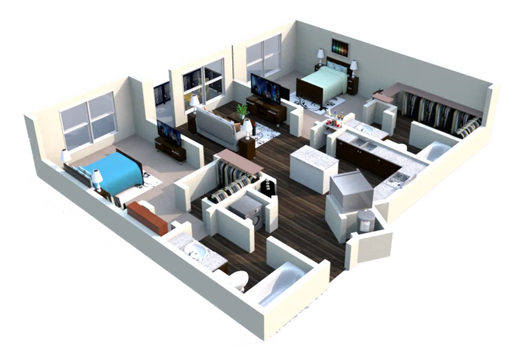 Modern 3D floor plan with two bedrooms, spacious living area, and a sleek open kitchen design.