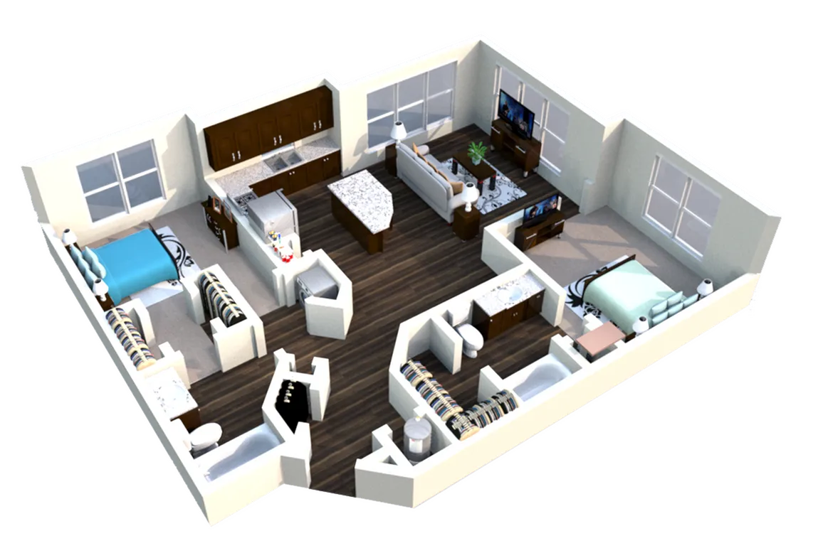 Modern 3D floor plan showcasing two bedrooms, an open living area, a contemporary kitchen, and luxurious bathrooms with stylish fixtures.