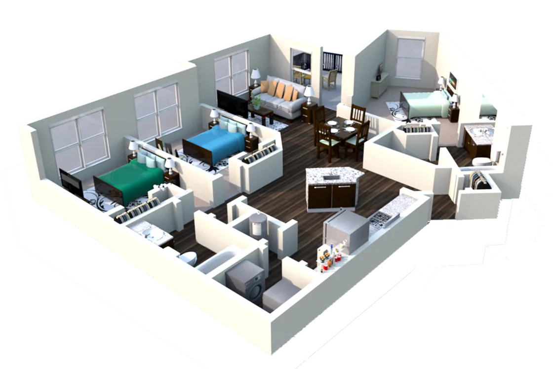 Elegantly designed 3D floor plan featuring three bedrooms, an inviting open-concept living and dining area, and a modern kitchen with sleek appliances.
