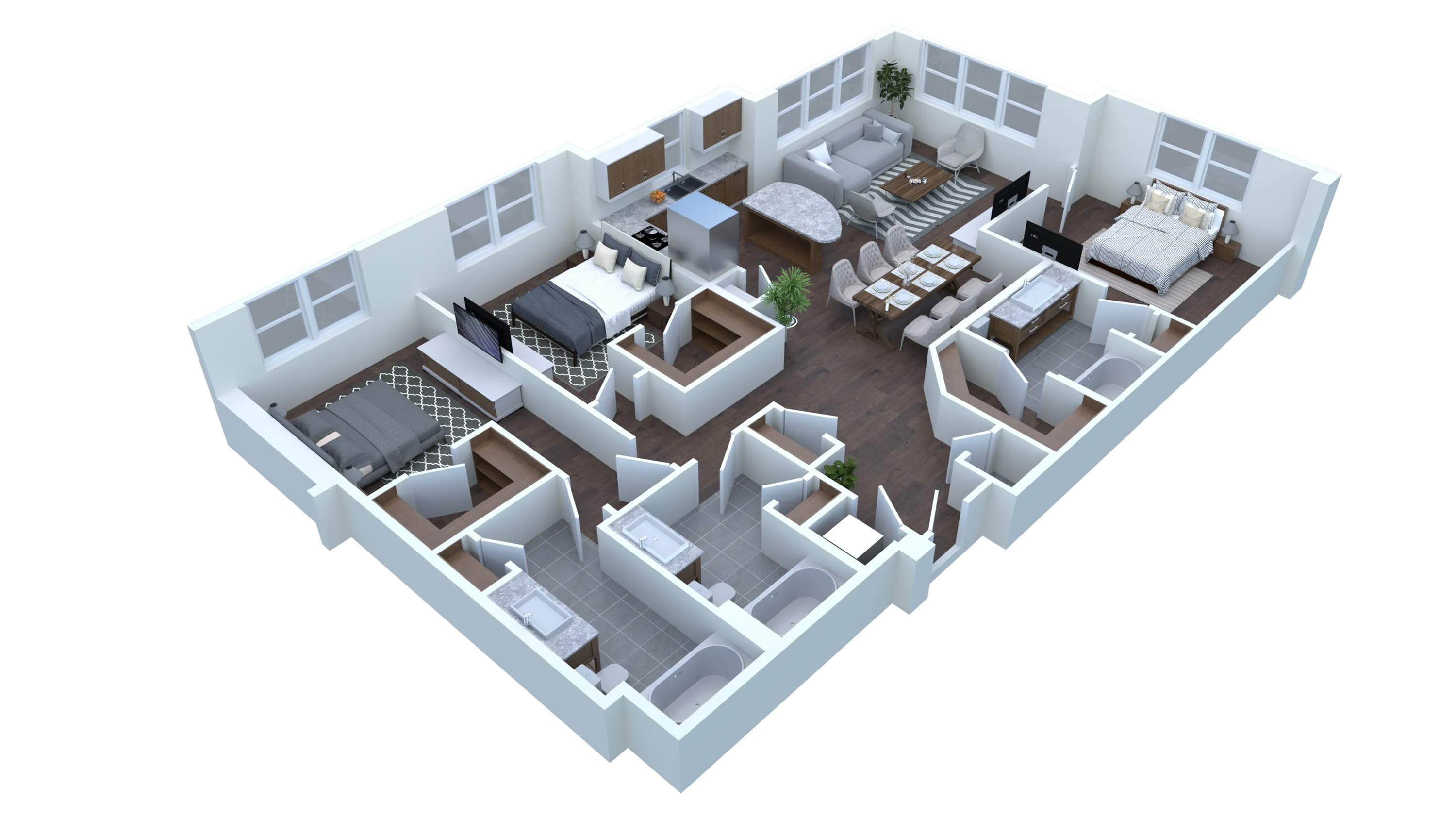 Modern 3D floor plan showcasing a spacious 2-bedroom apartment with a luxurious open-plan living area, elegant dining space, and a stylish kitchen.