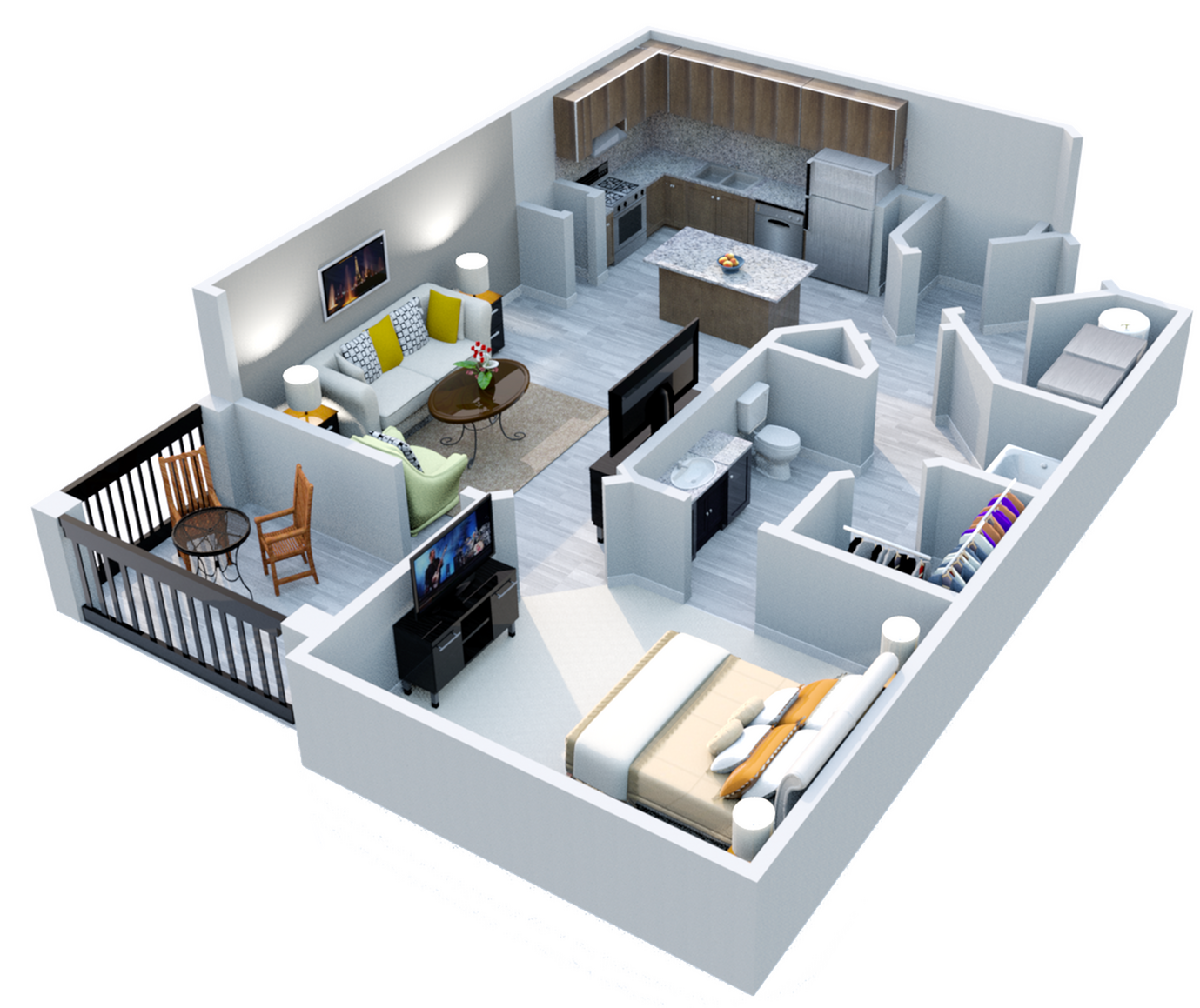 Modern 3D apartment layout showcasing a cozy bedroom, stylish living room, open kitchen with island, and inviting balcony.