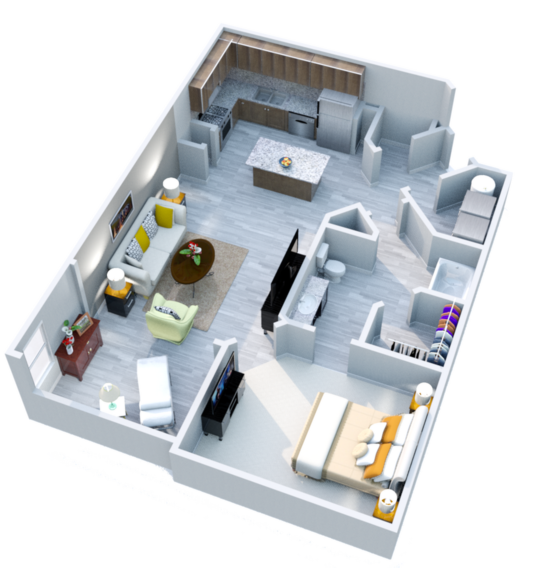 Modern 3D floor plan showcasing a bright one-bedroom apartment with open-concept kitchen and cozy living room, featuring stylish interior design.