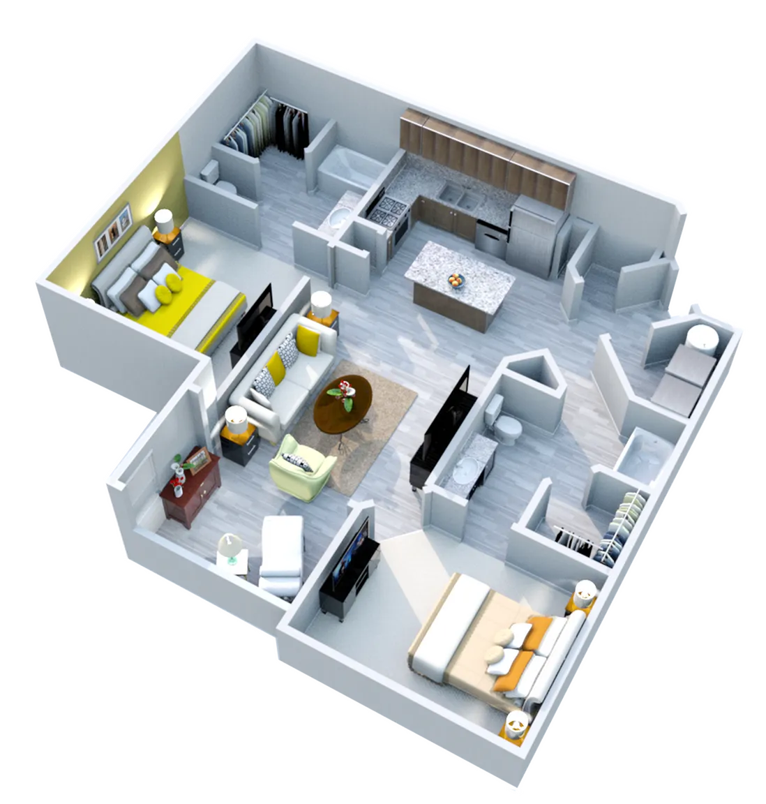 Elegant 3D floor plan showcasing 2 spacious bedrooms, a modern open-concept kitchen, and a cozy living area, featuring stylish interior design.