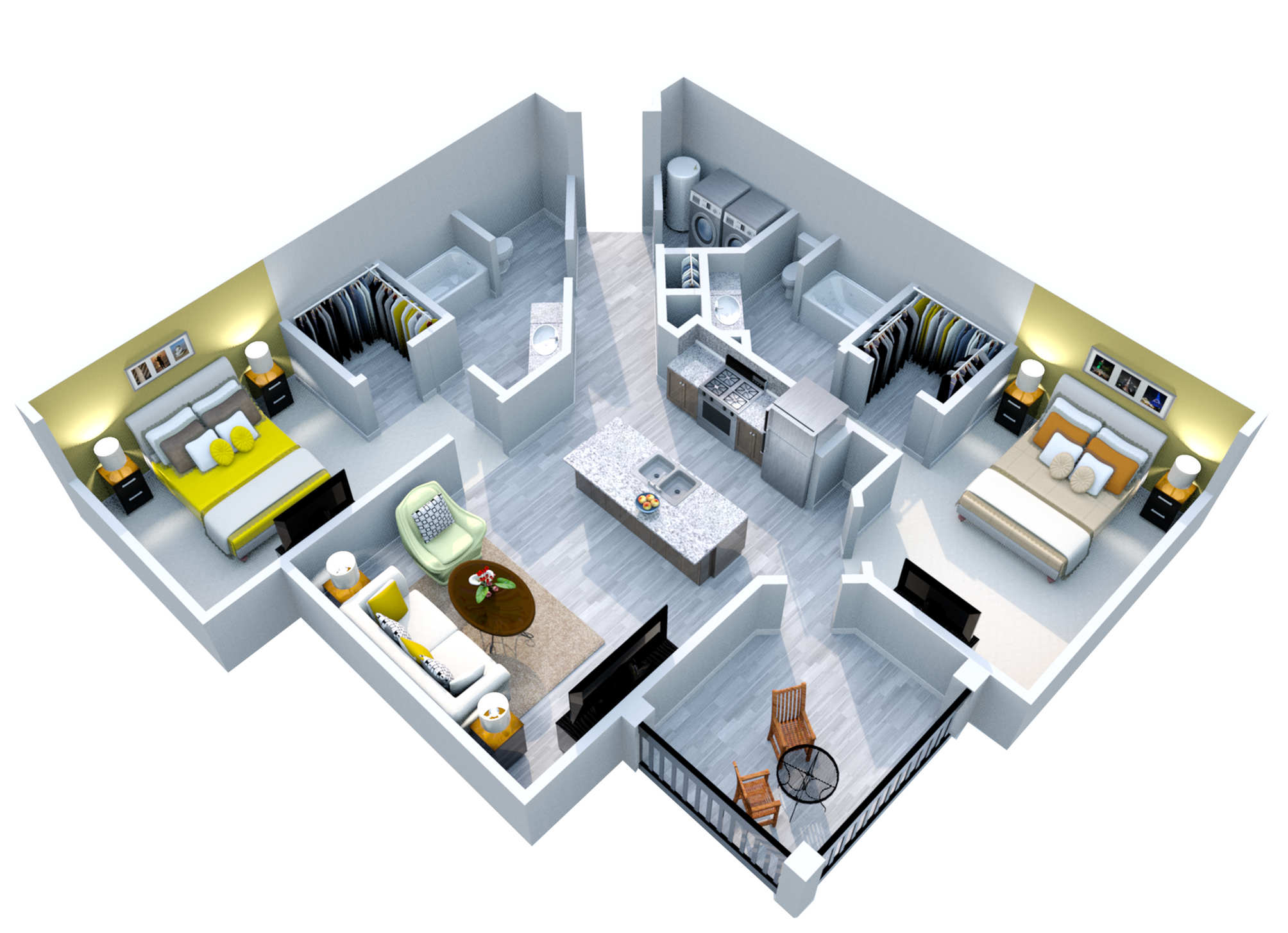 Modern 3D floor plan showcasing a stylish two-bedroom apartment with a spacious open-concept living area, a sleek kitchen island, and cozy outdoor patio.