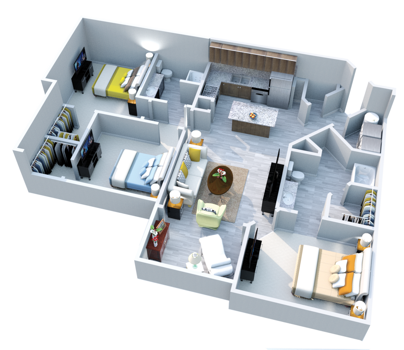 Modern 3D apartment layout showcasing three bedrooms, an open kitchen with island, and a cozy living area.
