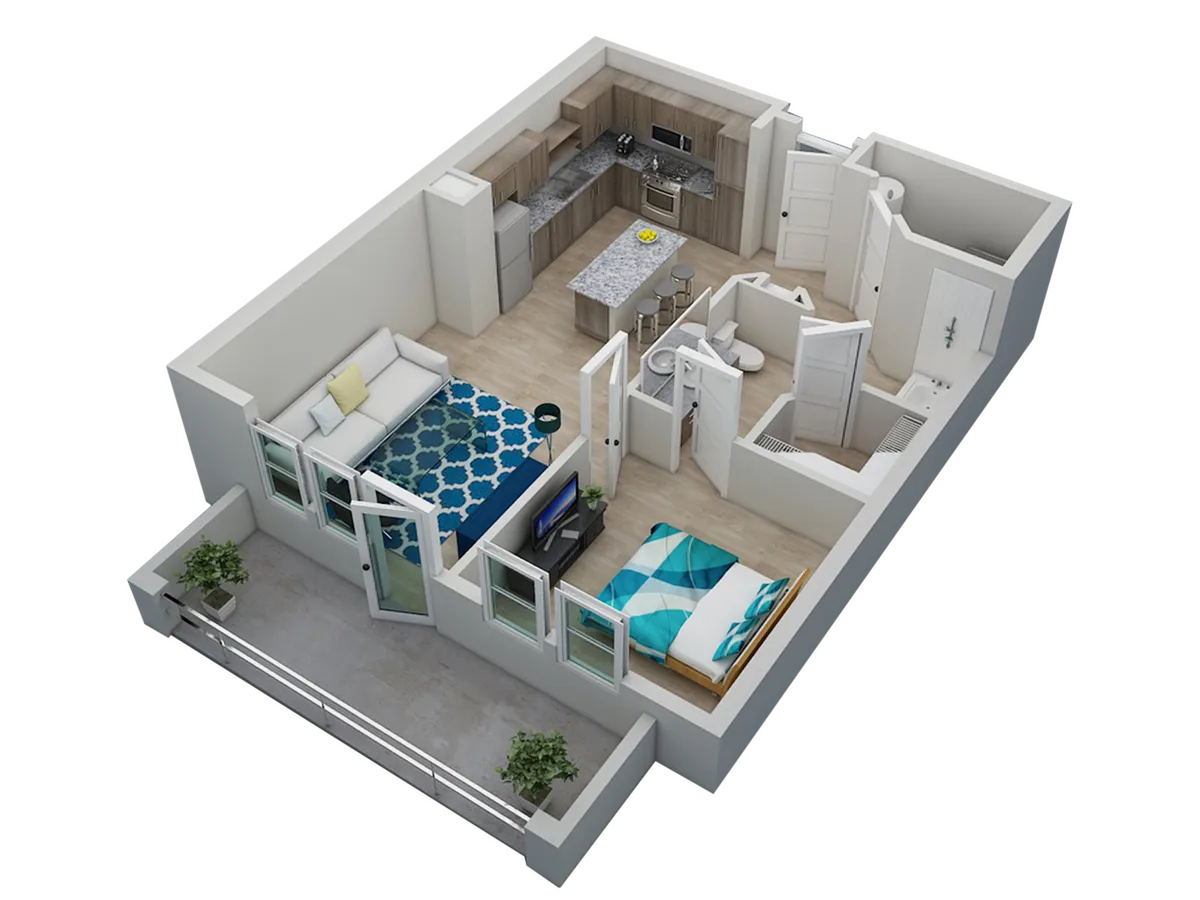 Chic 3D floor plan showcasing a cozy 1-bedroom apartment with a modern kitchen, inviting living area, and a private balcony.