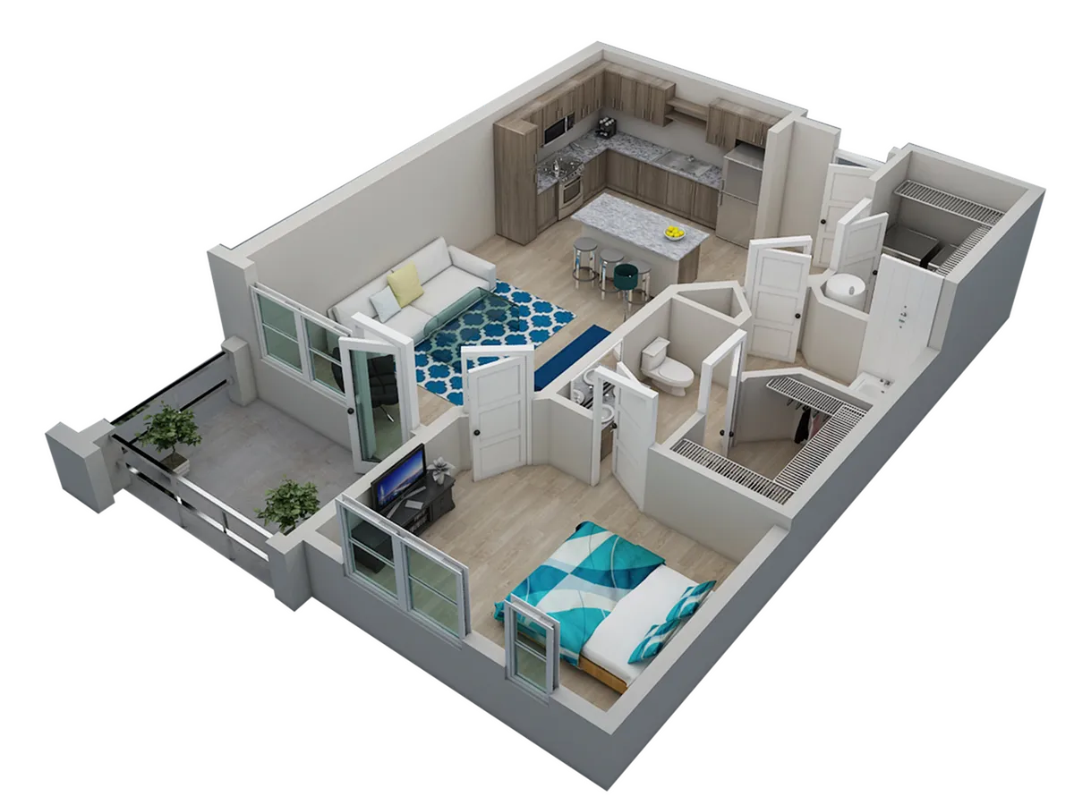 Chic 3D apartment floor plan featuring a cozy bedroom, stylish open-plan kitchen, and inviting living area with balcony access.