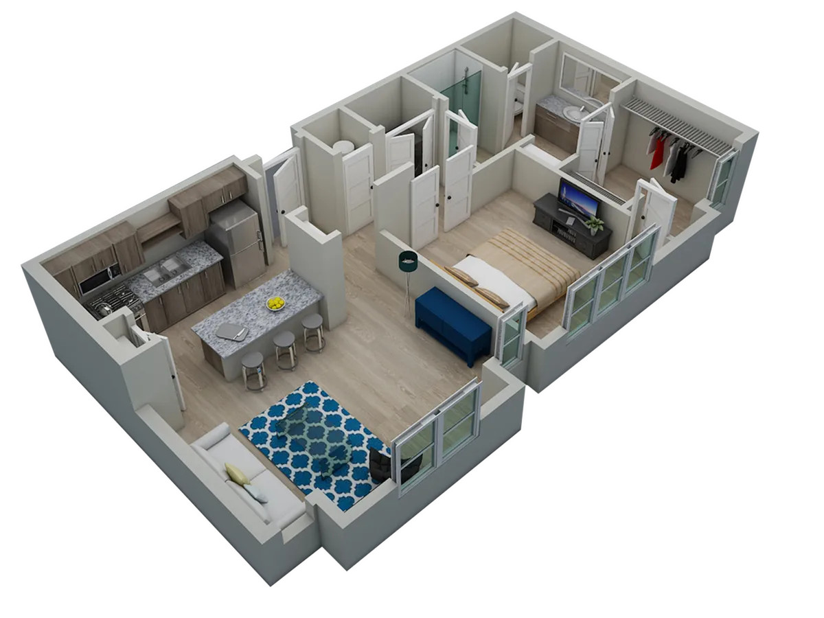 Modern 3D floor plan featuring a spacious bedroom, stylish open-concept kitchen with island seating, cozy living area, and elegant bathroom.