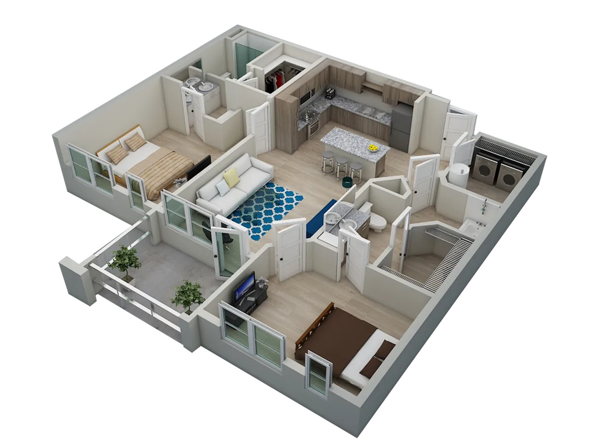 Modern 3D apartment layout showcasing two cozy bedrooms, an elegant open-plan kitchen with breakfast bar, stylish living area, and two bathrooms, perfect for comfortable living.