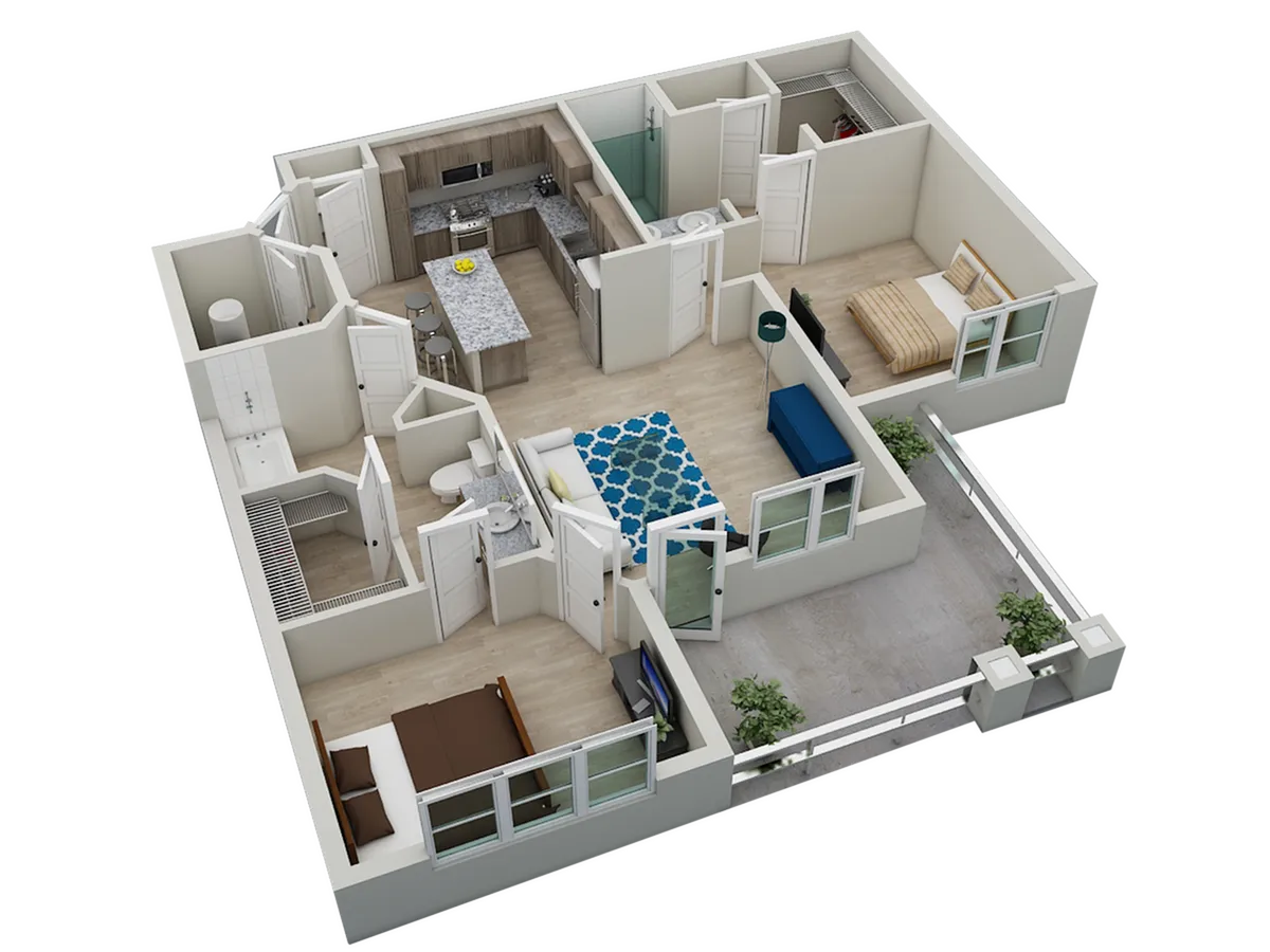 Modern 3D floor plan showcasing 2 bedrooms, stylish open kitchen with breakfast bar, cozy living room, and inviting balcony.