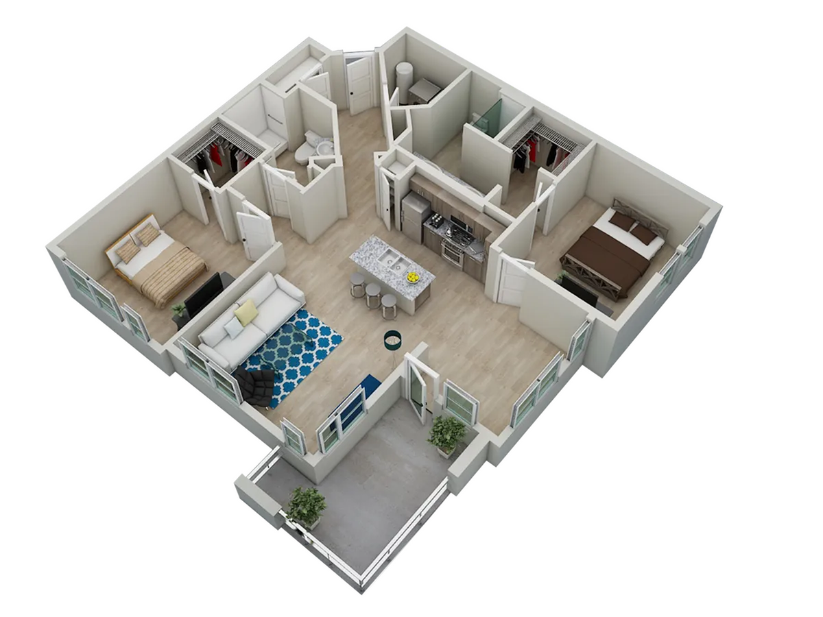 Modern 3D apartment floor plan featuring two spacious bedrooms, an open kitchen with island seating, and a cozy living area, perfect for contemporary living.